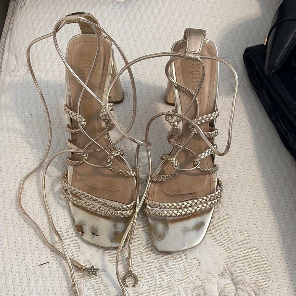 SCHUTZ Gold Strappy Heels with Intricate Lacing
